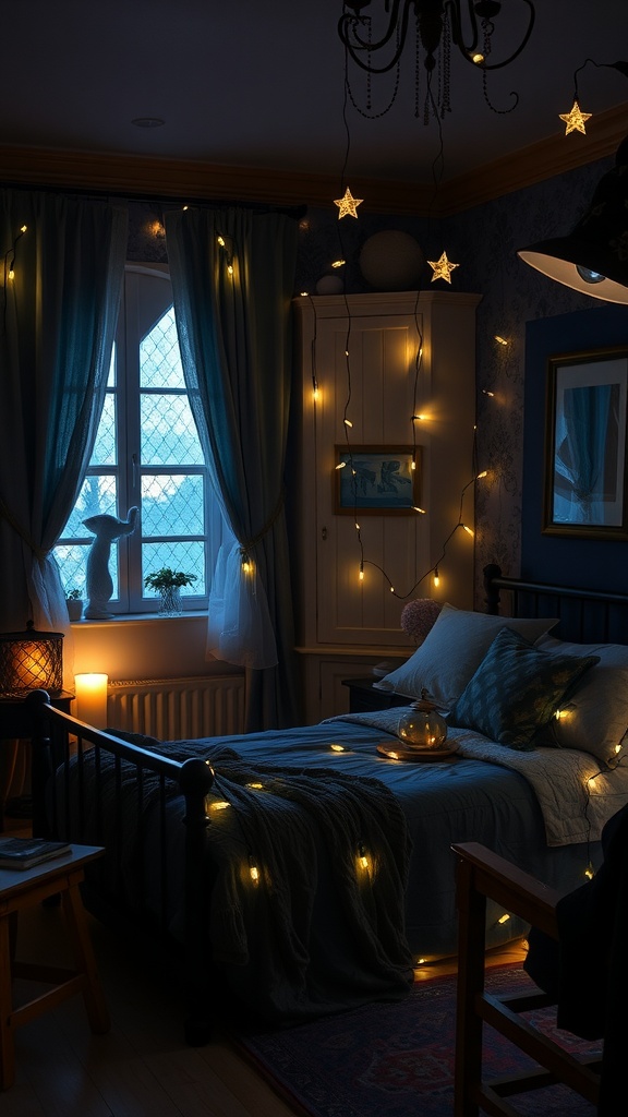 A cozy bedroom adorned with fairy lights and star-shaped decor, creating a magical atmosphere.