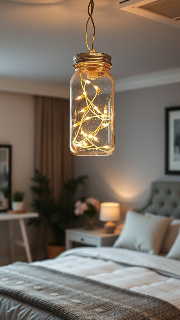 A mason jar chandelier filled with fairy lights hanging in a cozy bedroom