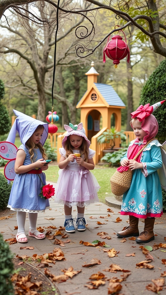 Three children dressed in fairy tale costumes, exploring an outdoor area
