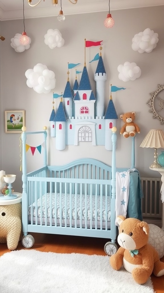 A beautifully decorated baby boy room with a blue crib, castle wall art, and plush toys.