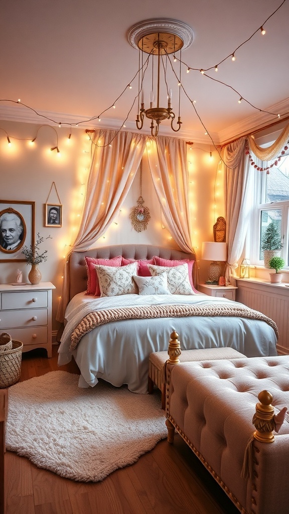 A cozy fairy tale inspired bedroom with soft colors, fairy lights, and elegant decor.