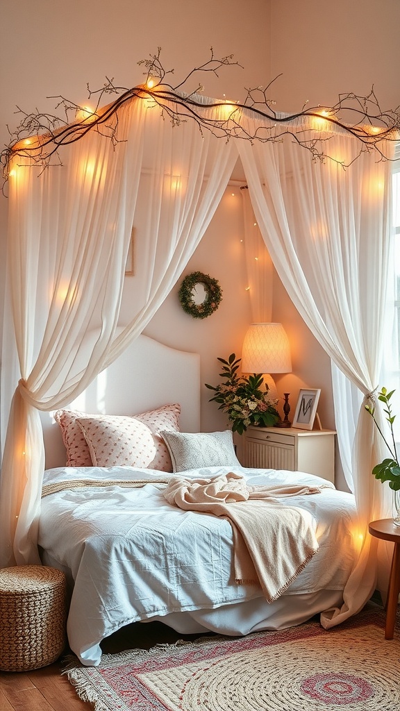 A cozy bedroom featuring a canopy bed with white curtains, twinkling lights, and soft decor.