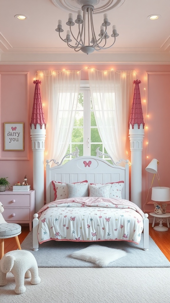 A fairytale castle bed with pink turrets, decorated with butterfly bedding, in a cozy kindergarten bedroom.