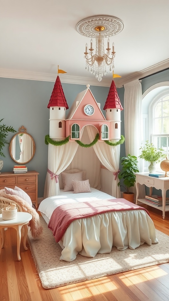 Kids bedroom with a castle-themed bed, chandelier, and cozy decor