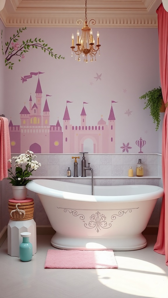 A whimsical kids bathroom with a castle mural, elegant bathtub, and playful decor.