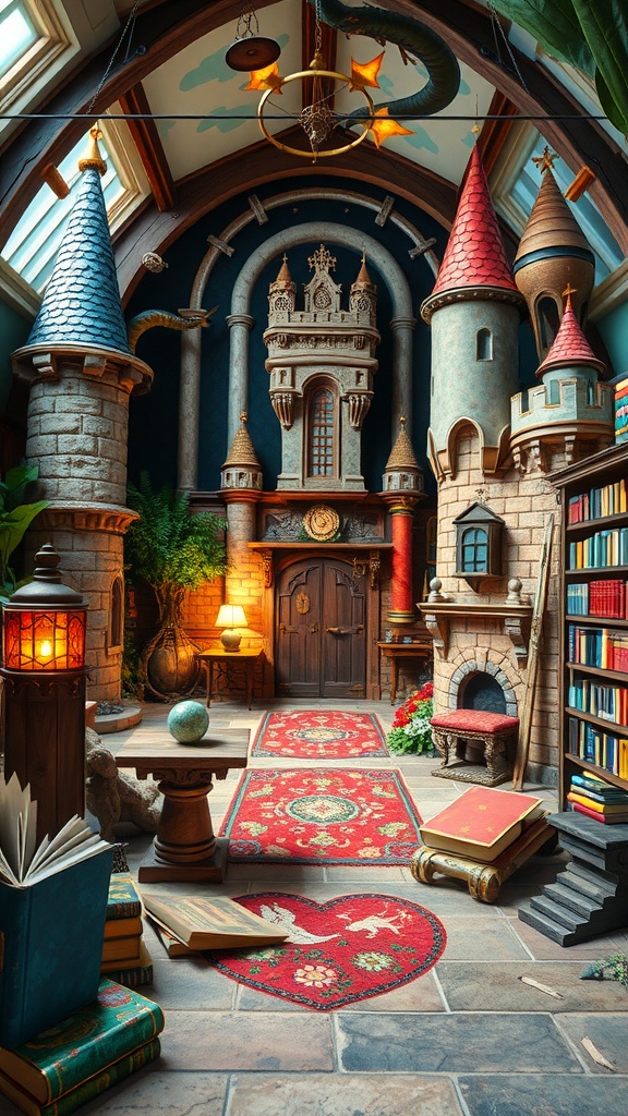 An enchanting fairytale kingdom escape room with castles, books, and cozy decor.