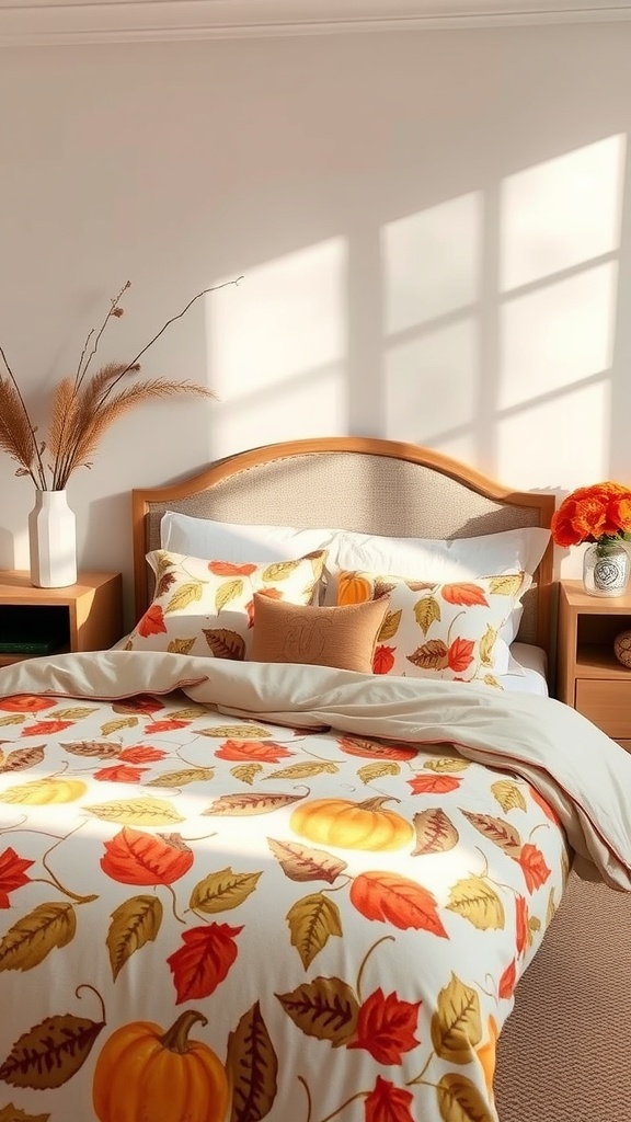 Cozy fall-themed bedroom with bedding featuring pumpkins and leaves