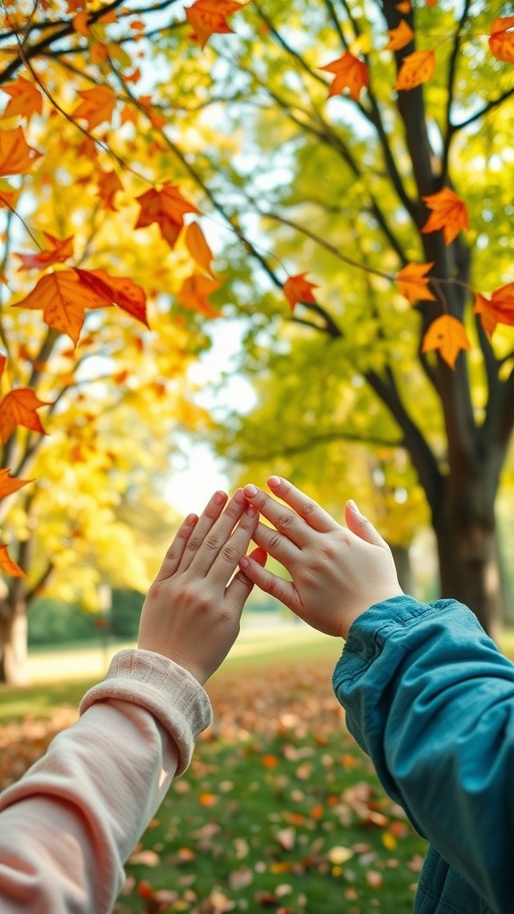 Two hands reaching out under autumn leaves