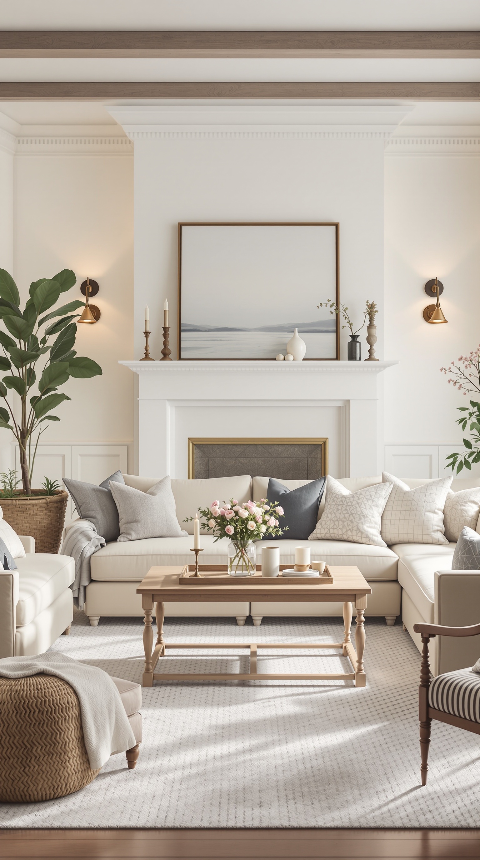 A cozy French country family room with a sectional sofa, coffee table, and plants.