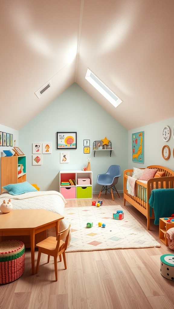 Cozy attic playroom with colorful decor and furniture.