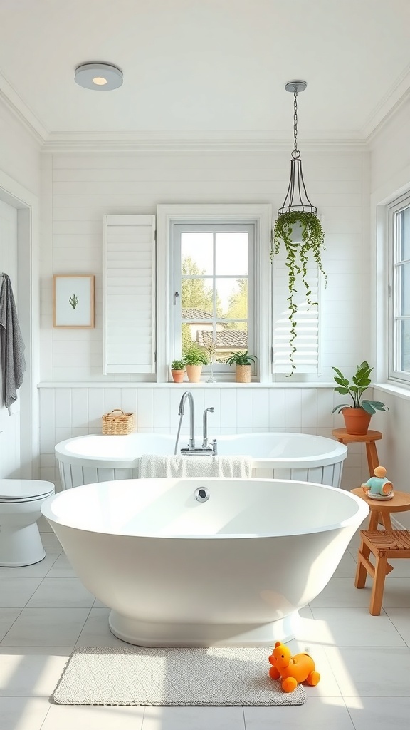 Bright family bathroom with two freestanding bathtubs, plants, and a rubber duck.