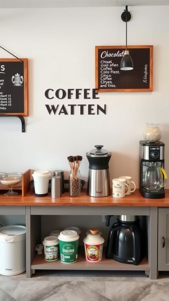 A family-friendly coffee station with a sign reading 'COFFEE WATTEN', coffee makers, chalkboards listing options, and organized storage.