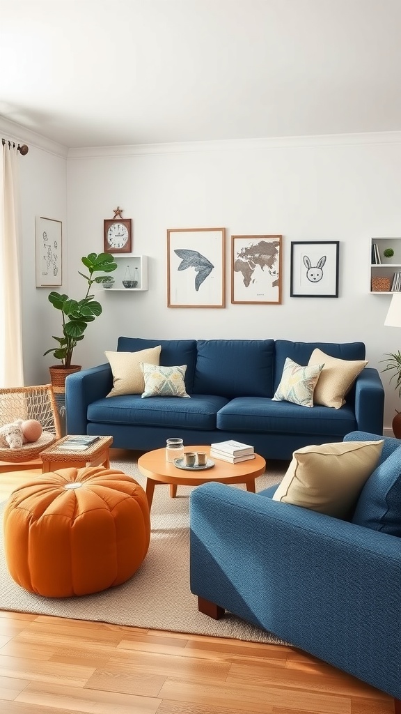 Cozy living room with navy blue sofa, orange pouf, and bright decor.