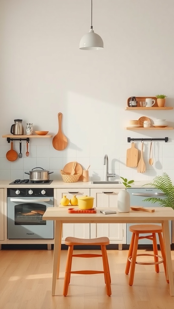 A bright and inviting family kitchen with orange stools, a table of lemons, and cooking utensils on open shelves.