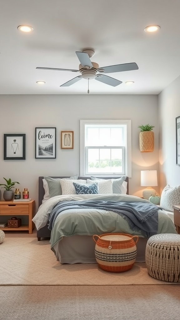 A cozy family-friendly basement bedroom with a bed, side tables, and decorative elements.