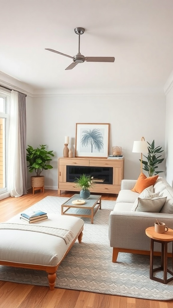 A cozy living room with a light color scheme, plants, and comfortable furniture.