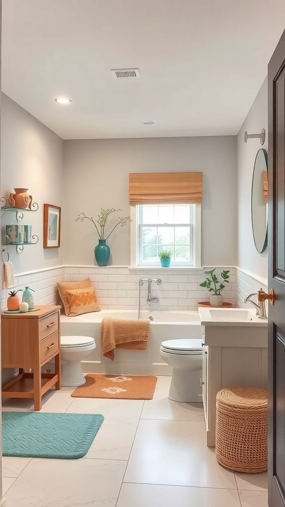 A family-friendly basement bathroom featuring a bathtub, wooden storage, and bright decor.