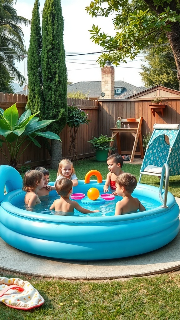Children playing in a small inflatable pool in a backyard