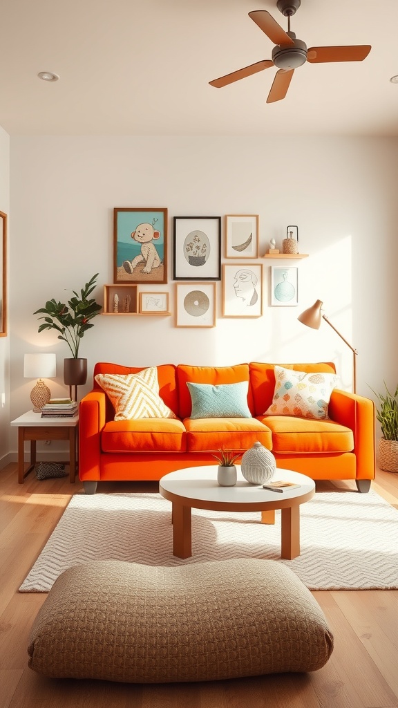 A bright orange sofa in a cozy living room with decorative pillows, a coffee table, and framed artwork on the walls.