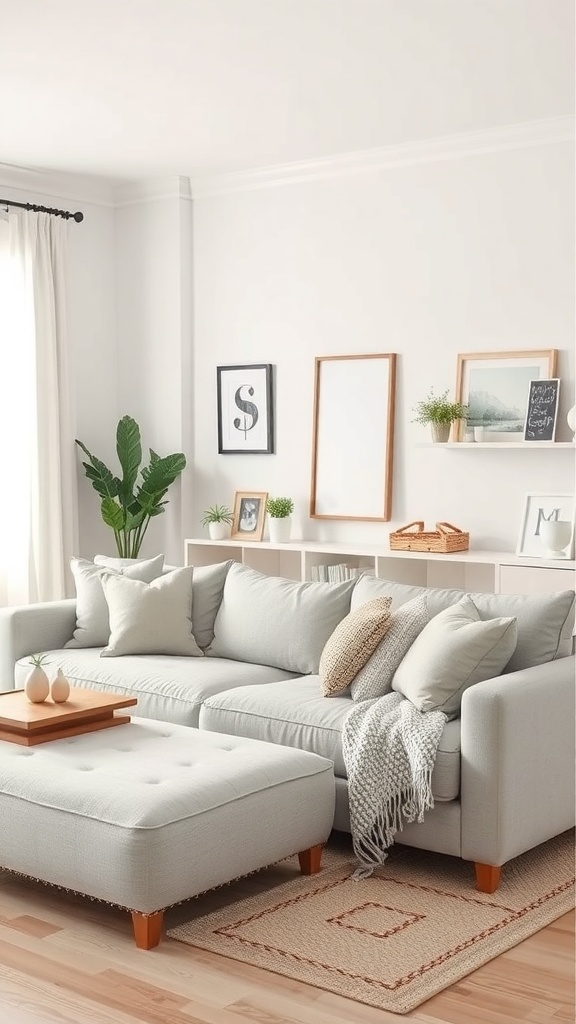 A light grey couch with cushions and an ottoman in a bright living room with plants and decor.