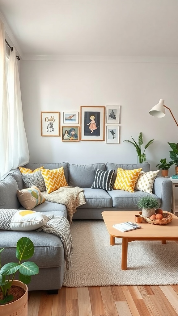 A cozy family-friendly living room featuring a grey couch with colorful pillows, a light wood coffee table, and cheerful artwork on the walls.