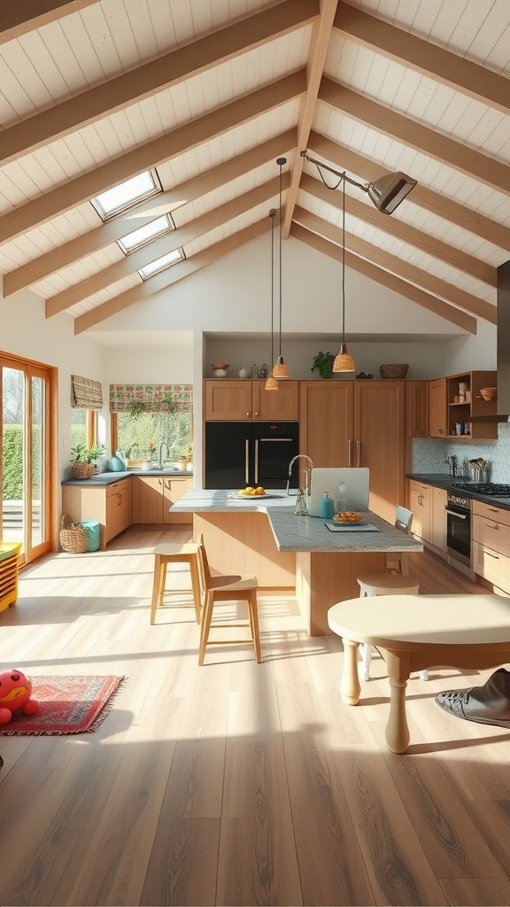 A spacious, family-friendly kitchen with wooden cabinets, a central island, and plenty of natural light.