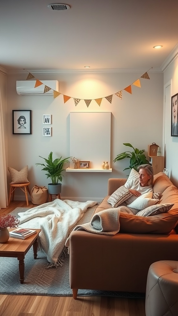 Cozy living room with a brown couch, plants, and a woman relaxing with pillows and a blanket.