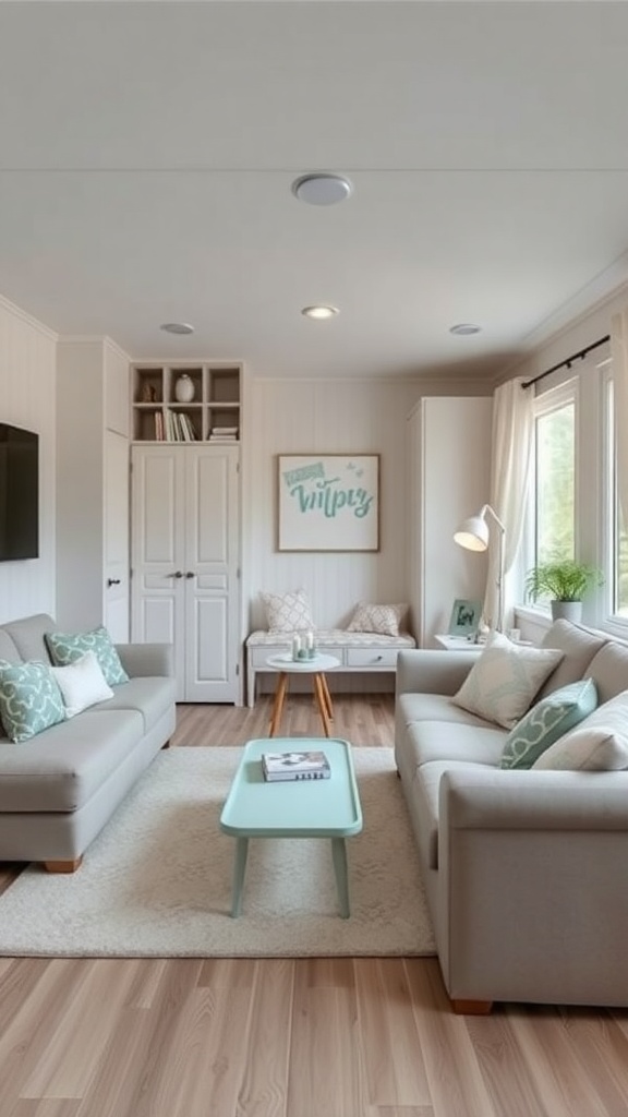 Cozy mobile home living room with two sofas, a coffee table, and natural light.