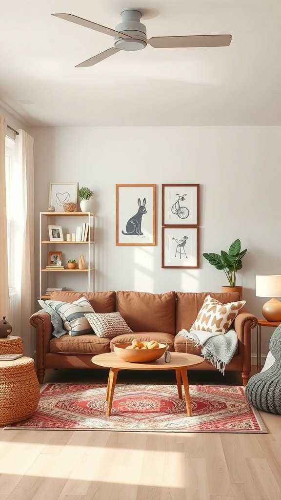 Cozy living room featuring a brown sofa, round coffee table, and soft poufs, designed for family comfort.