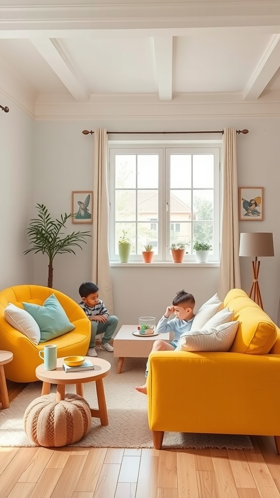 A bright living room with a yellow couch and two children playing.