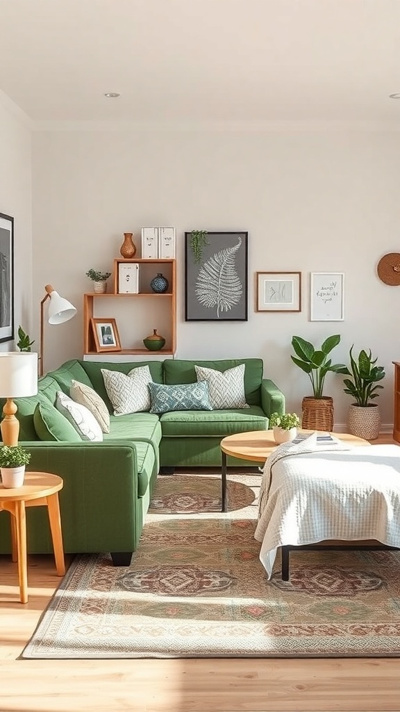 A cozy family-friendly living room featuring a green sofa, wooden tables, decorative pillows, and plants.