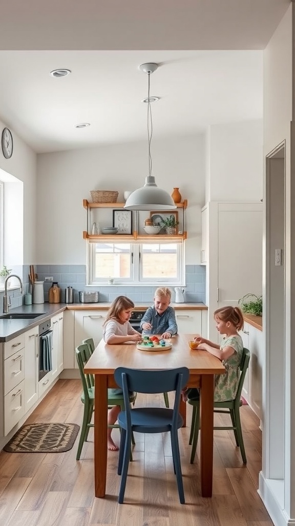 Children playing at a kitchen table with snacks, showcasing a family-friendly environment.