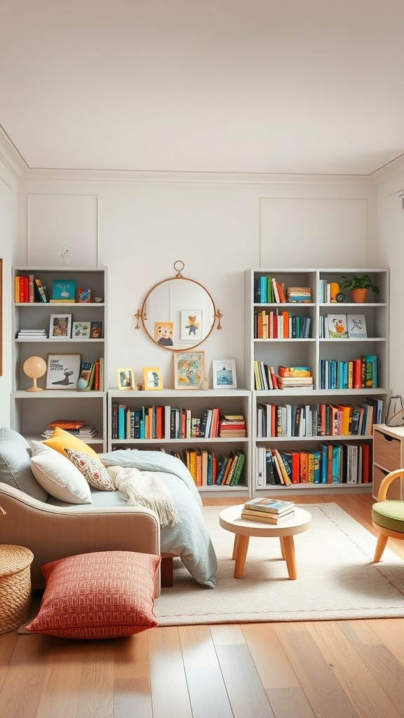 Cozy family reading space with a couch, colorful bookshelves, and a small coffee table.