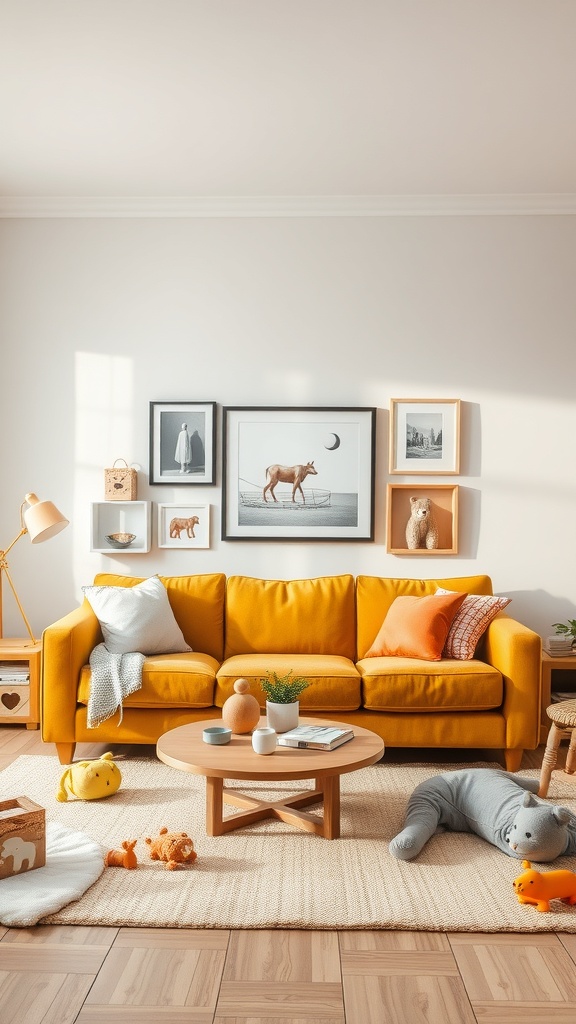 A cozy living room featuring a mustard sofa, playful decor, and a family-friendly atmosphere.