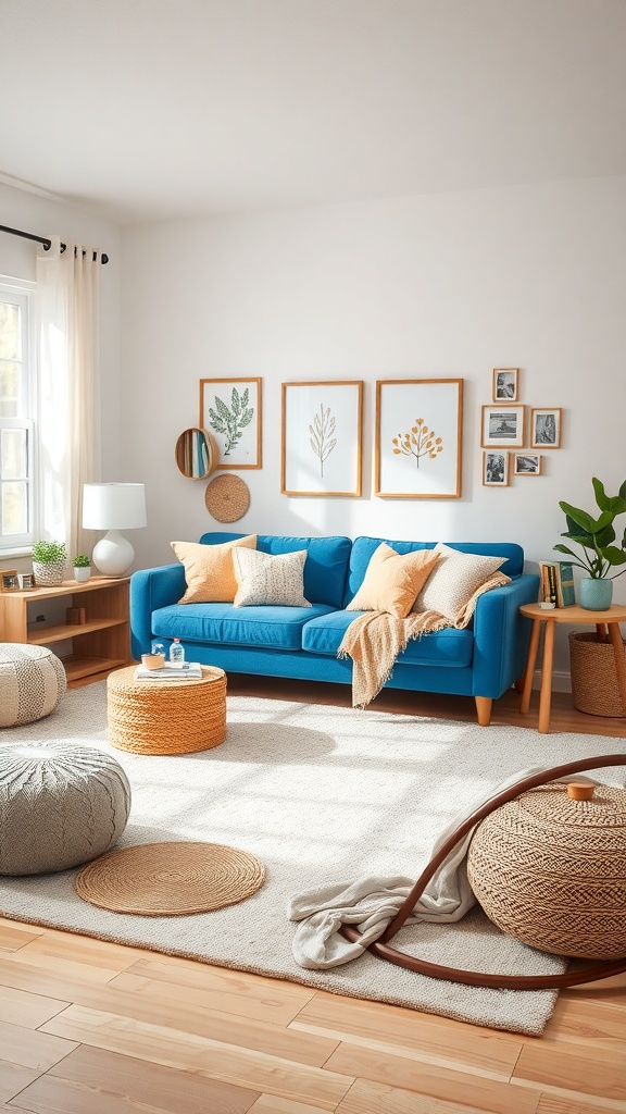 A cozy living room featuring a blue sofa, soft textiles, and a warm atmosphere.