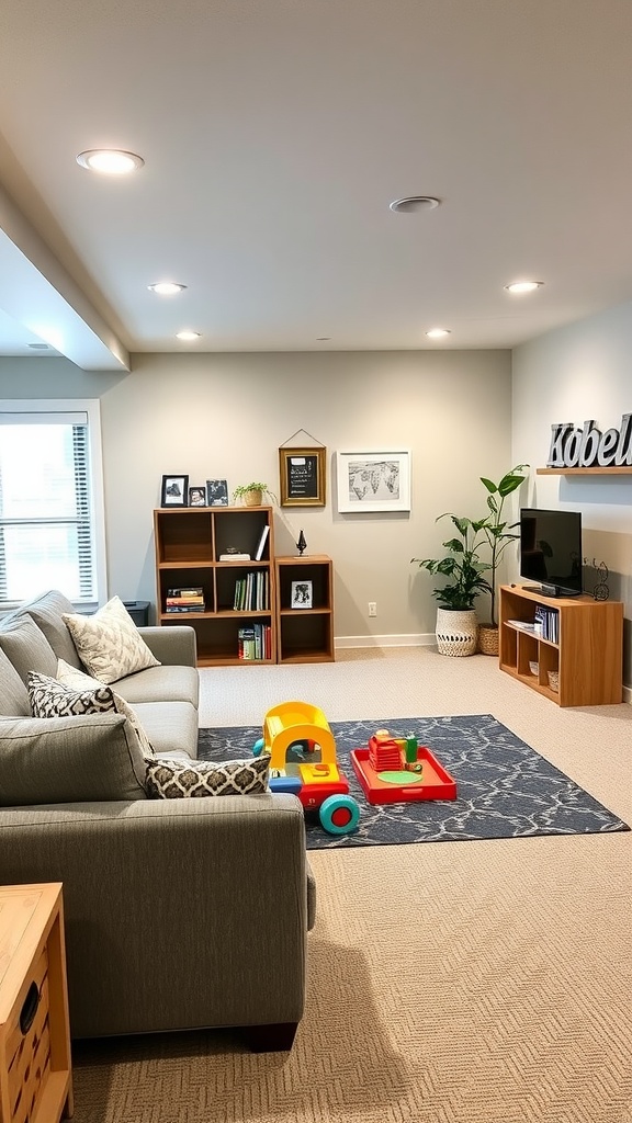 Cozy basement living room with play area for kids, featuring a gray sofa, colorful toys, and bookshelves.