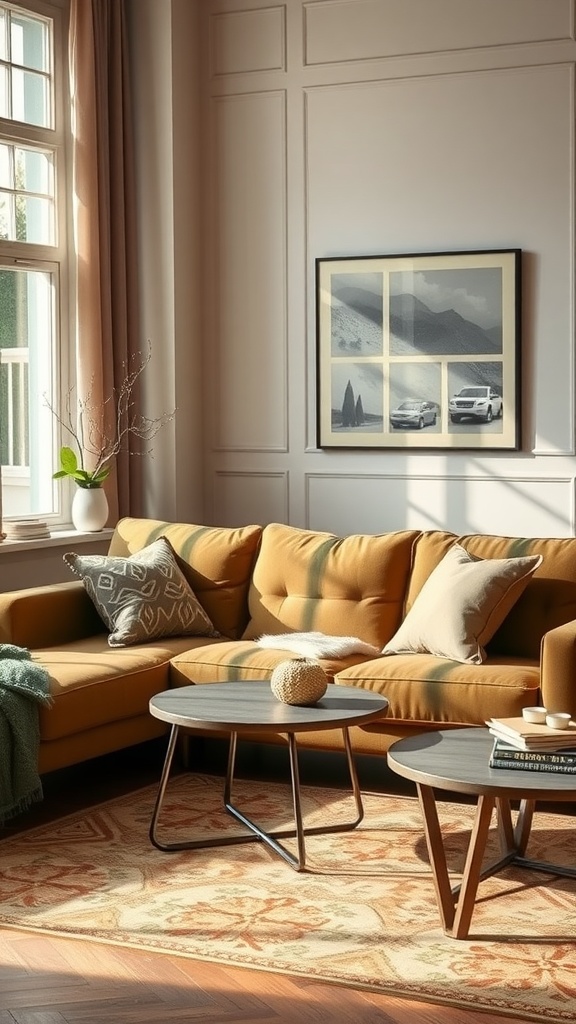 A cozy living room with an olive green couch, stylish coffee tables, and natural light
