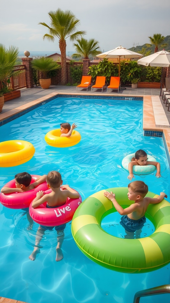 Children enjoying a colorful pool with pool floats in a sunny backyard