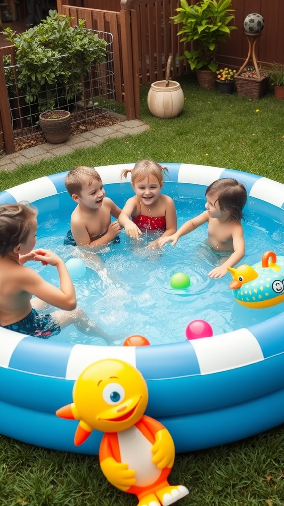 Children playing in an inflatable pool, enjoying colorful balls and laughter in a backyard setting.