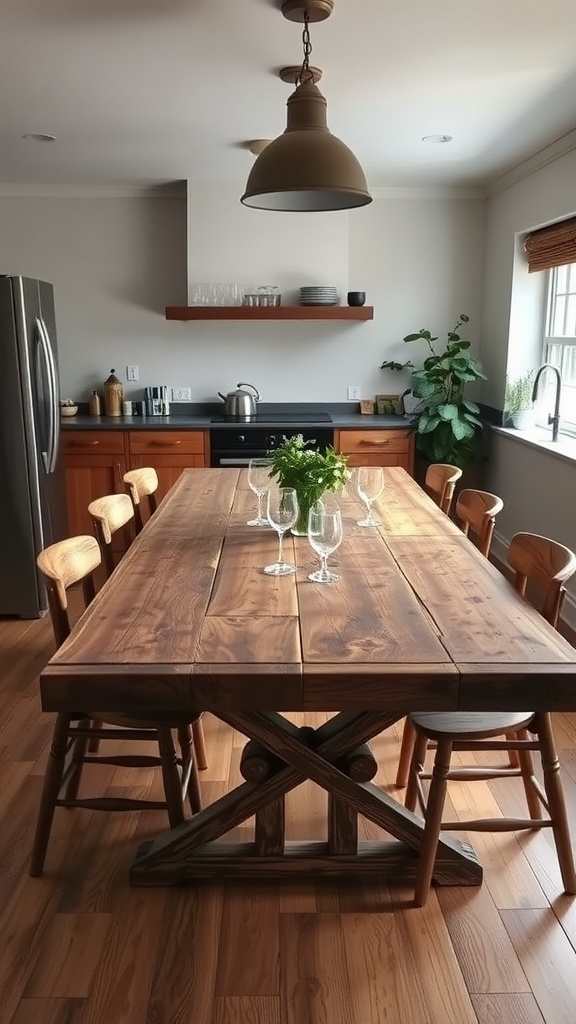 A rustic family-style dining table made of wood with glasses and a green centerpiece in a cozy kitchen.