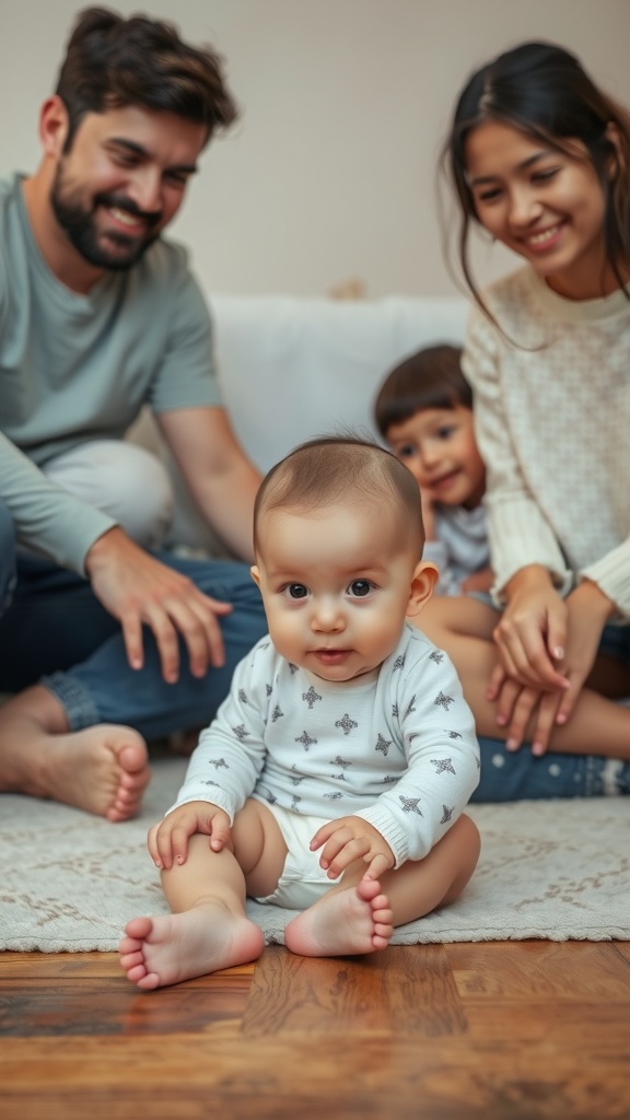 A family enjoying time together in a living room with a baby sitting on the floor.