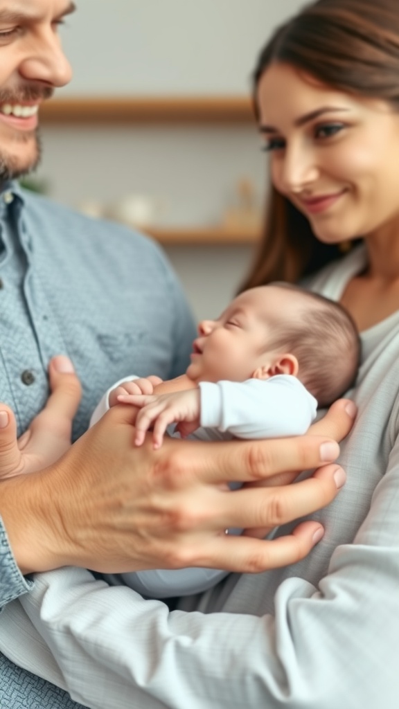 A couple lovingly holding their two-month-old baby, showcasing a family bonding moment.