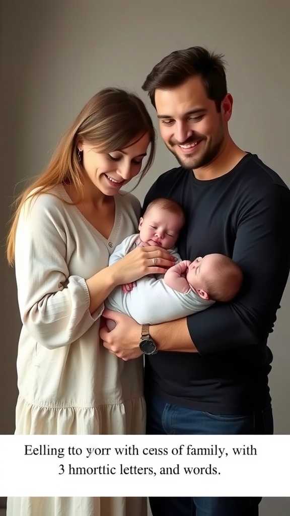 A family of four, including parents and their twin babies, sharing a joyful moment during a photoshoot.