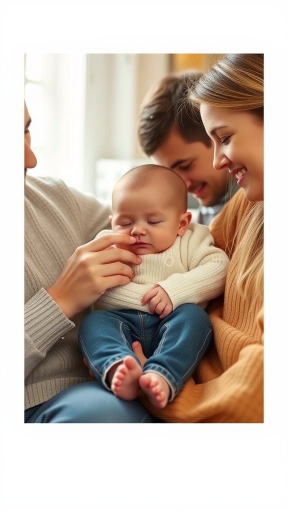 A family of three enjoying a cozy moment together, with the baby sitting on a parent's lap and both parents smiling.