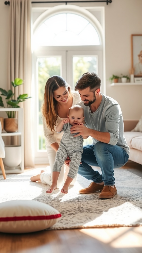 A happy family with a baby during a photoshoot in a bright room
