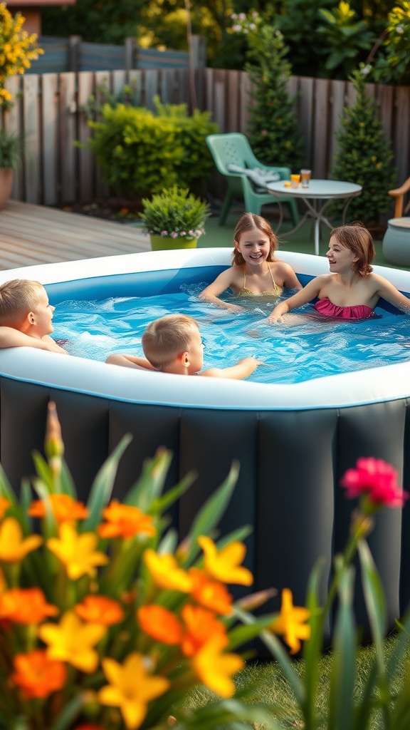 Children enjoying a fun time in an inflatable hot tub surrounded by colorful flowers in a backyard setting.