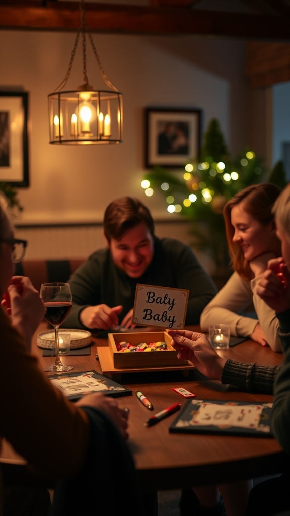 A cozy family game night with a sign reading 'Baby Baby' on the table surrounded by smiling faces.