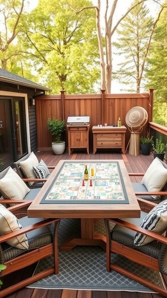 A family-friendly game zone featuring a wooden table with a game board and comfortable seating in a cozy backyard setting.