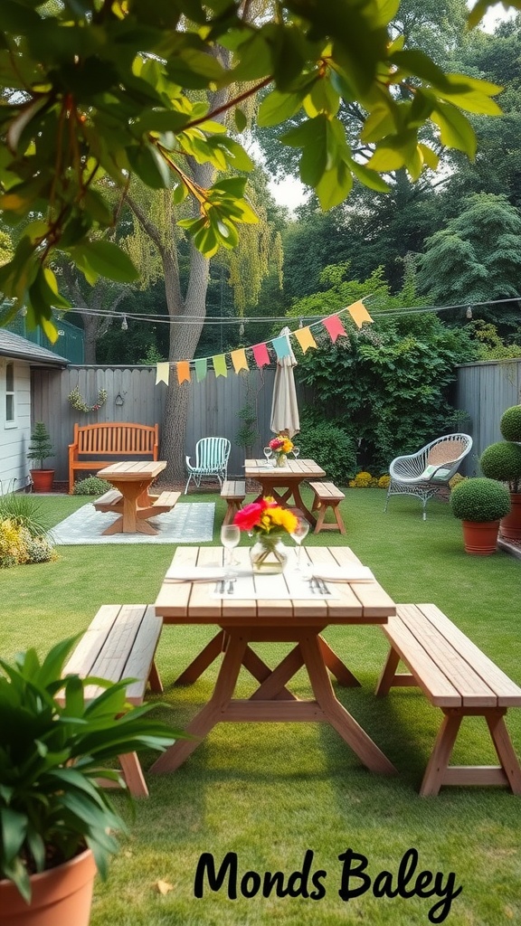 A backyard with picnic tables, colorful decorations, and seating areas surrounded by greenery.