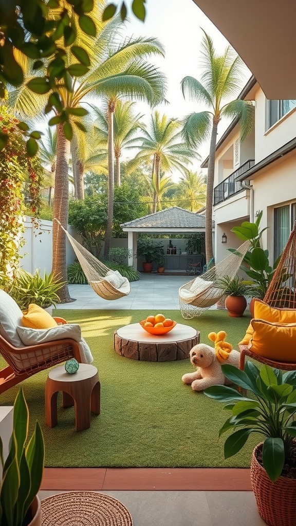 A cozy backyard with hammocks, a soft grassy area, and a low table adorned with oranges, surrounded by palm trees and colorful cushions.